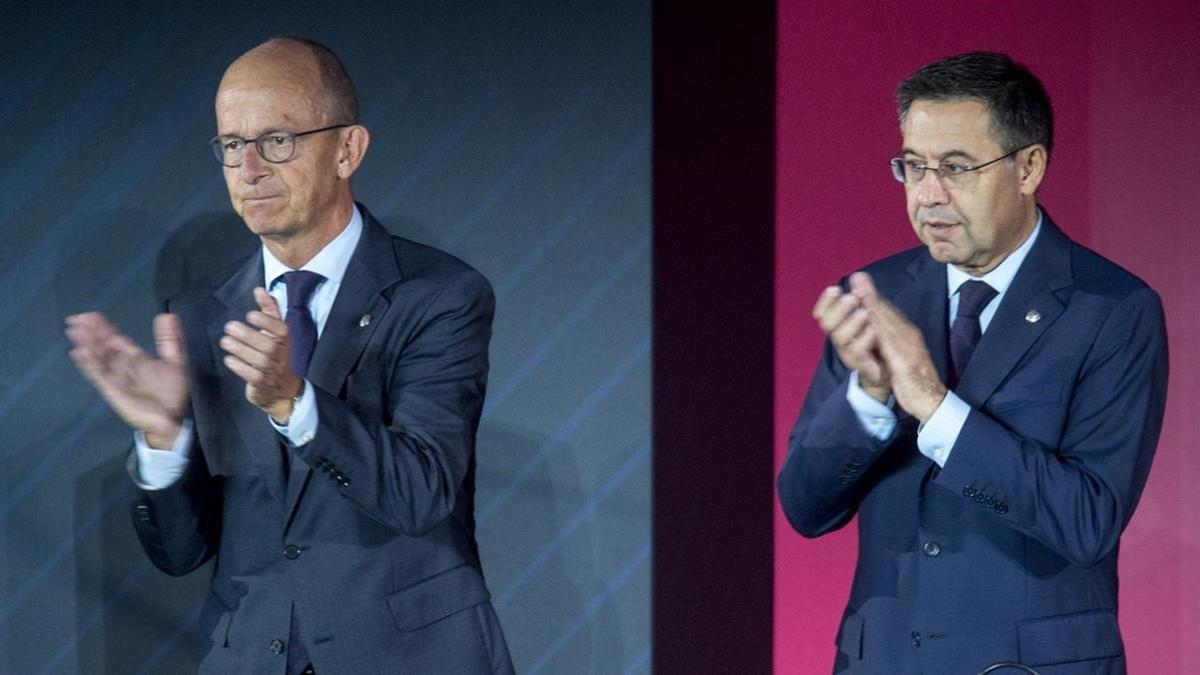 Jordi Cardoner al lado de Josep Maria Bartomeu en la última asamblea del FC Barcelona.