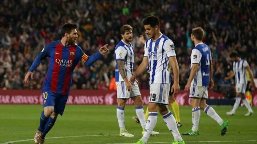 Leo Messi celebrant un dels gols que va marcar dissabte contra la Reial Societat.