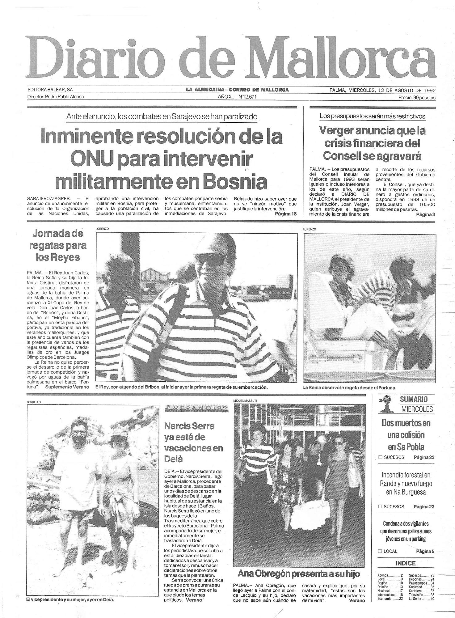 Portada de Diario de Mallorca del 12 de agosto de 1992, con la primera imagen de Álex Lequio llegando a la isla.