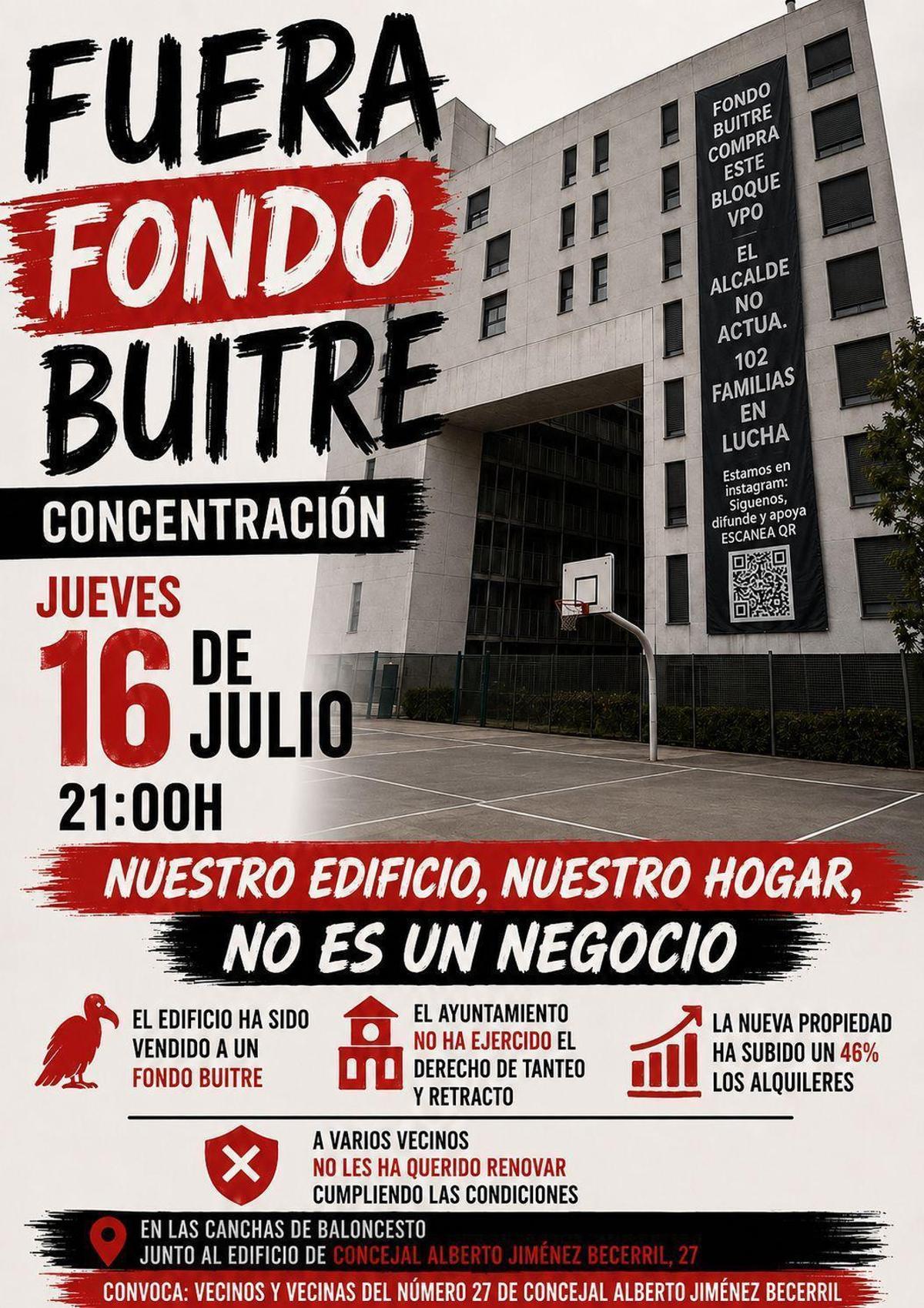 Convocatoria de la concentración contra el fondo de inversión que ha comprado el bloque ubicado en Jiménez Becerril 27.
