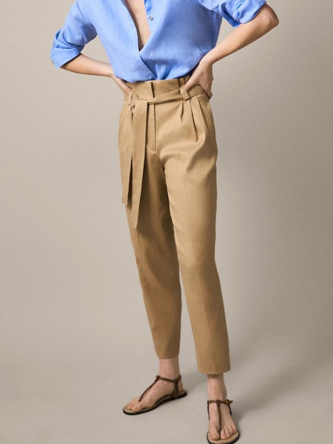 Pantalón de lino 'paper bag', Massimo Dutti