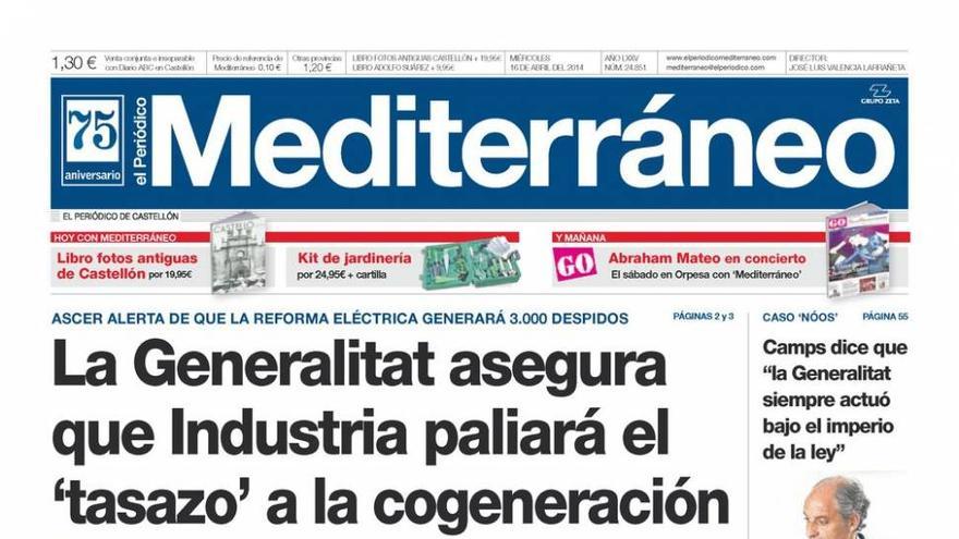 “La Generalitat asegura que Industria paliará el ‘tasazo’ a la cogeneración’, hoy en la portada de El Periódico Mediterráneo