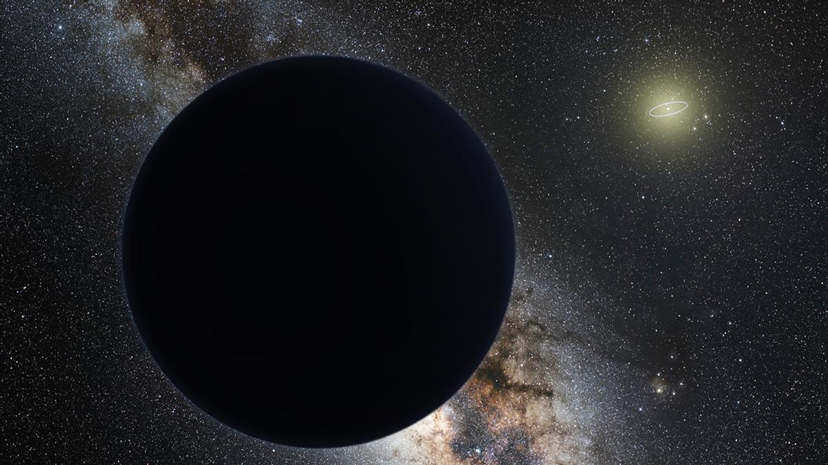 Impresión artística del Planeta Nueve (un supuesto planeta de “órbita amplia”) con el Sol a lo lejos. La órbita de Neptuno se muestra como una pequeña elipse alrededor del Sol.