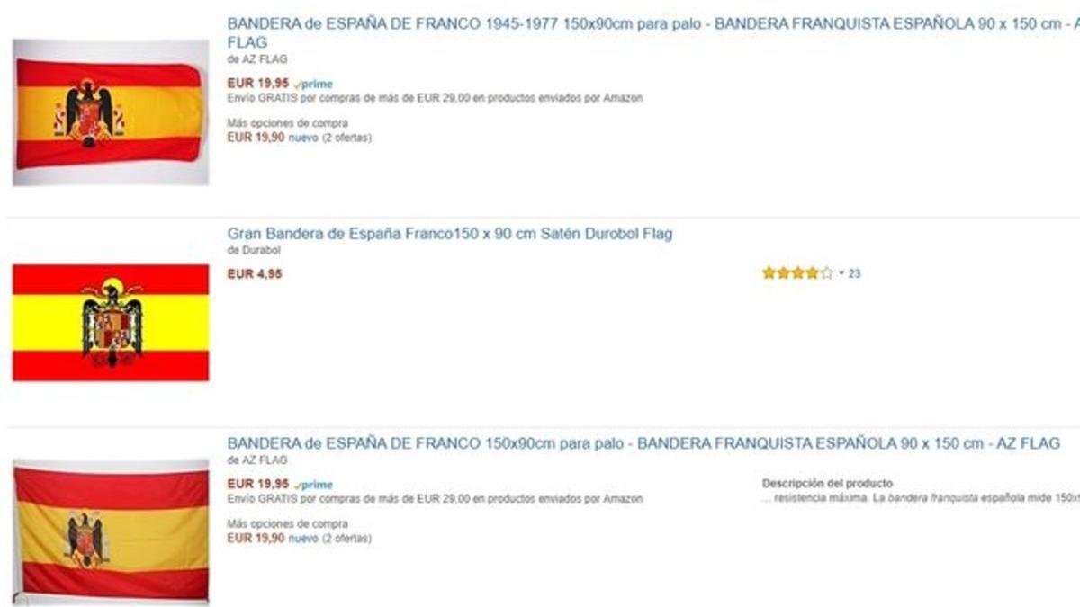 Captura de pantalla de varias banderas franquistas disponibles en Amazon España.