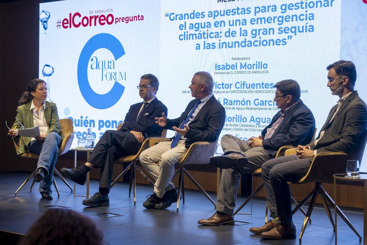 De izquierda a derecha, Víctor Cifuentes, de la CHG; José Ramón García, de Cox; José Morillo, catedrático de la US; y Luis Alonso, de Emasesa.