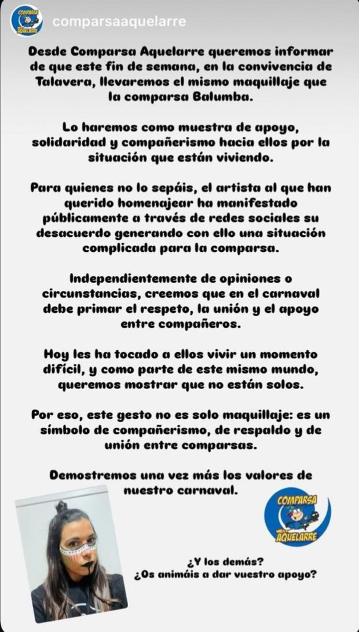 Comunicado de Aquelarre en su perfil de redes sociales