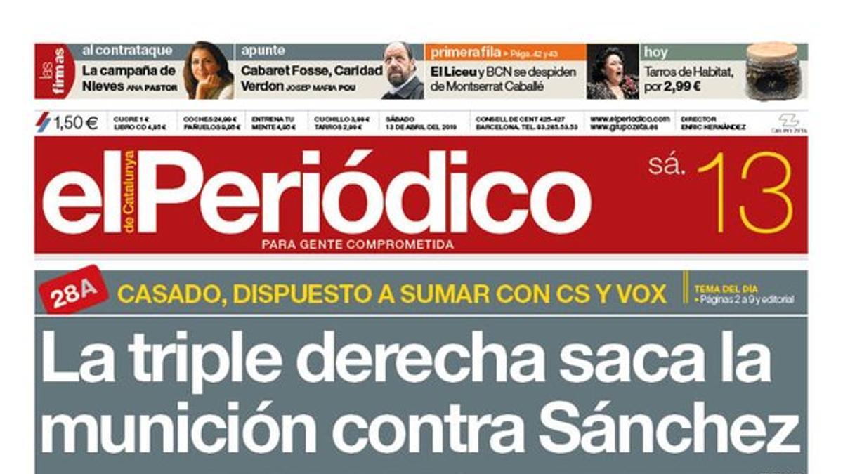 La portada de EL PERIÓDICO del 13 de abril del 2019