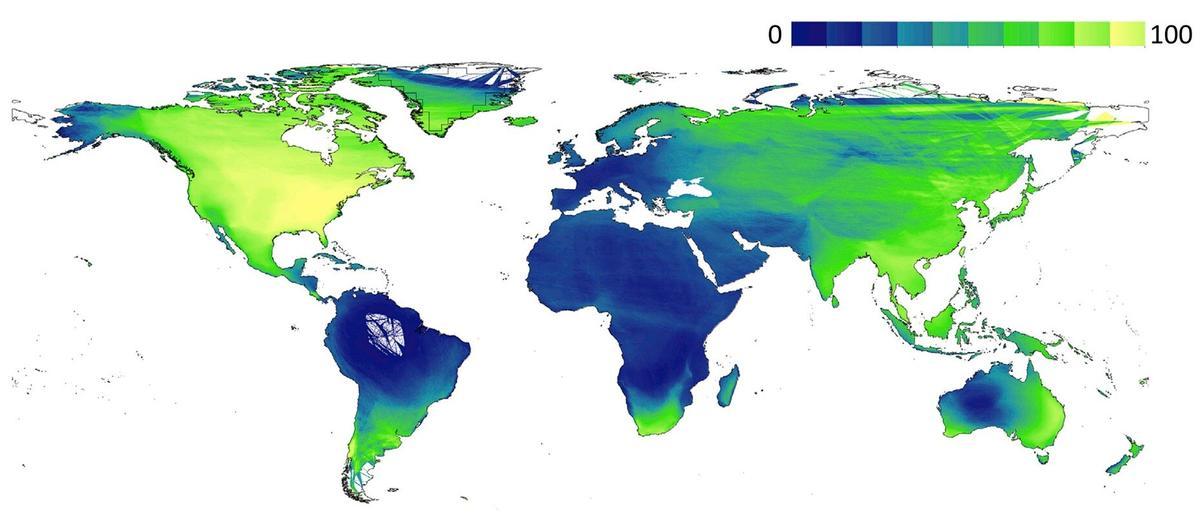 Mapa mundial de la subrepresentación de insectos en las áreas protegidas. El amarillo indica las zonas en las que no figuran la conservación de insectos.