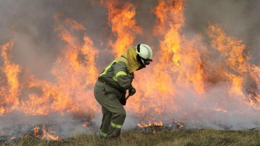 Un brigadista trabaja en la extinción de un incendio en el concello de Baltar (Ourense). / jesús regal
