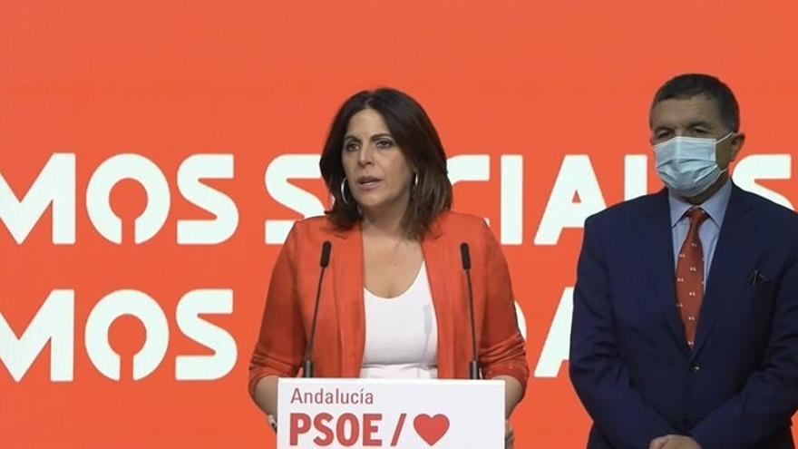 La portavoz del Grupo Parlamentario Socialista, Ángeles Férriz, y el secretario de Transformación Económica y Digital del PSOE de Andalucía, Gaspar Llanes, este martes en rueda de prensa.