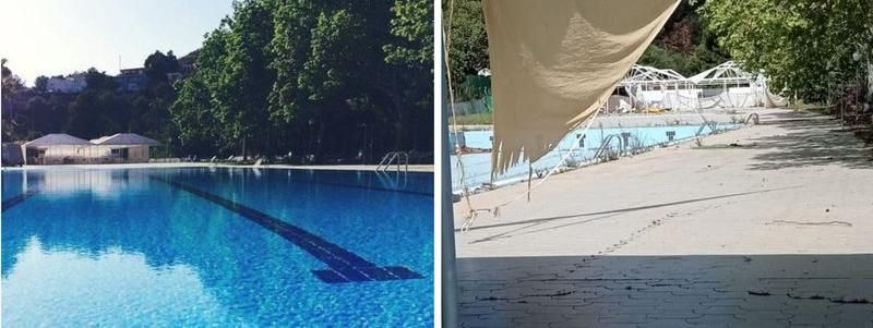 El antes y el ahora de la piscina municipal descubierta de la Vall, en el paraje de les Coves de Sant Josep