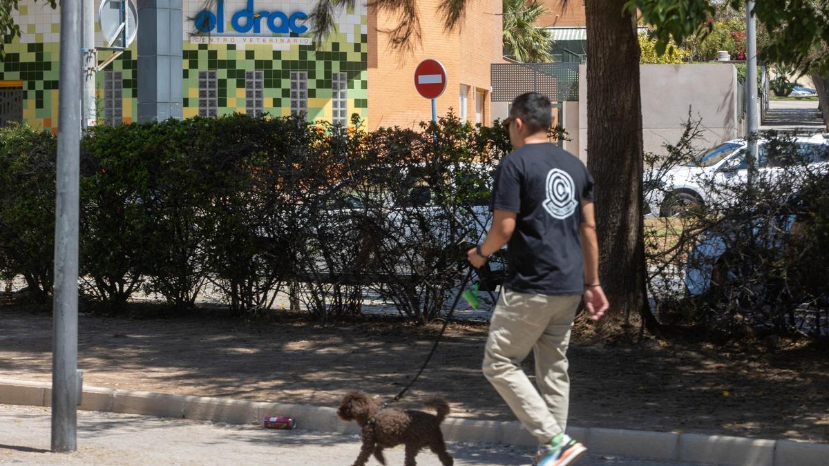 Un hombre pasea a su perro junto a una clínica veterinaria en el PAU 1.