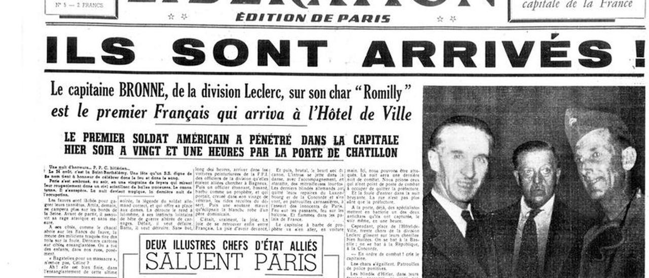 Portada del periódico francés Libération tras la liberación de París, con Amado Granell el primero por la derecha