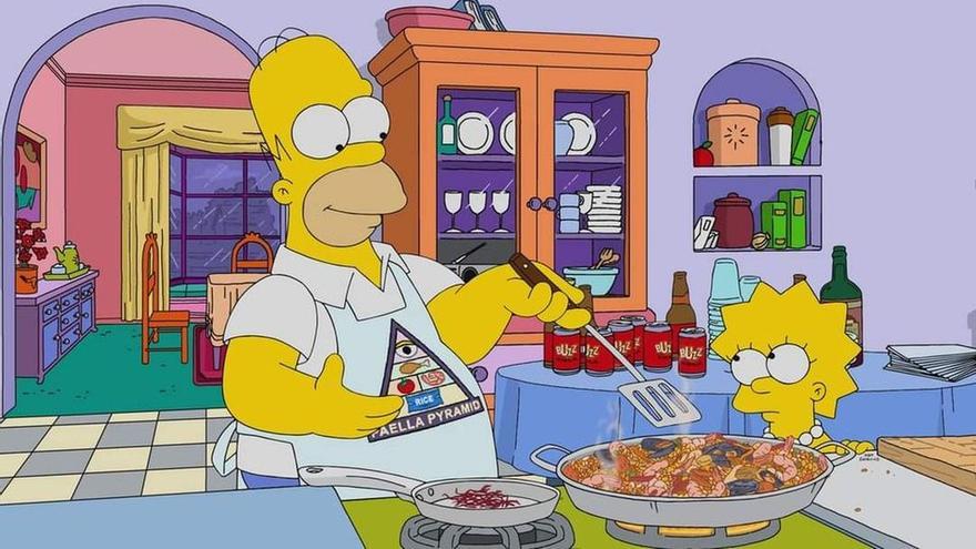 Homer Simpson cocina la paella menos valenciana: Con chorizo y mejillones