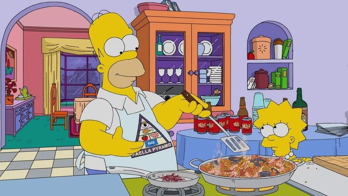 Imagen de Homer Simpson cocinando una atípica paella con atípicos ingredientes.