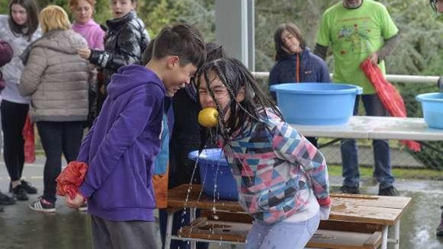 Participantes en la yincana de Illas, pescando mazanas en un barreño en el patio del colegio de La Callezuela.