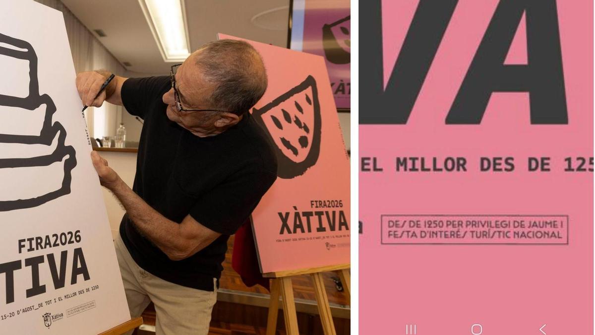 A la izquierda, el artista Dani Nebot firmando uno de los carteles. A la derecha, captura que demuestra que sí está inscrita la referencia a Jaume I.