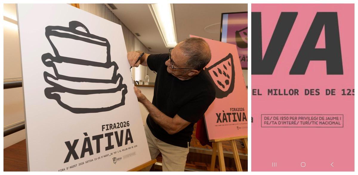 A la izquierda, el artista Dani Nebot firmando uno de los carteles. A la derecha, captura que demuestra que sí está inscrita la referencia a Jaume I.