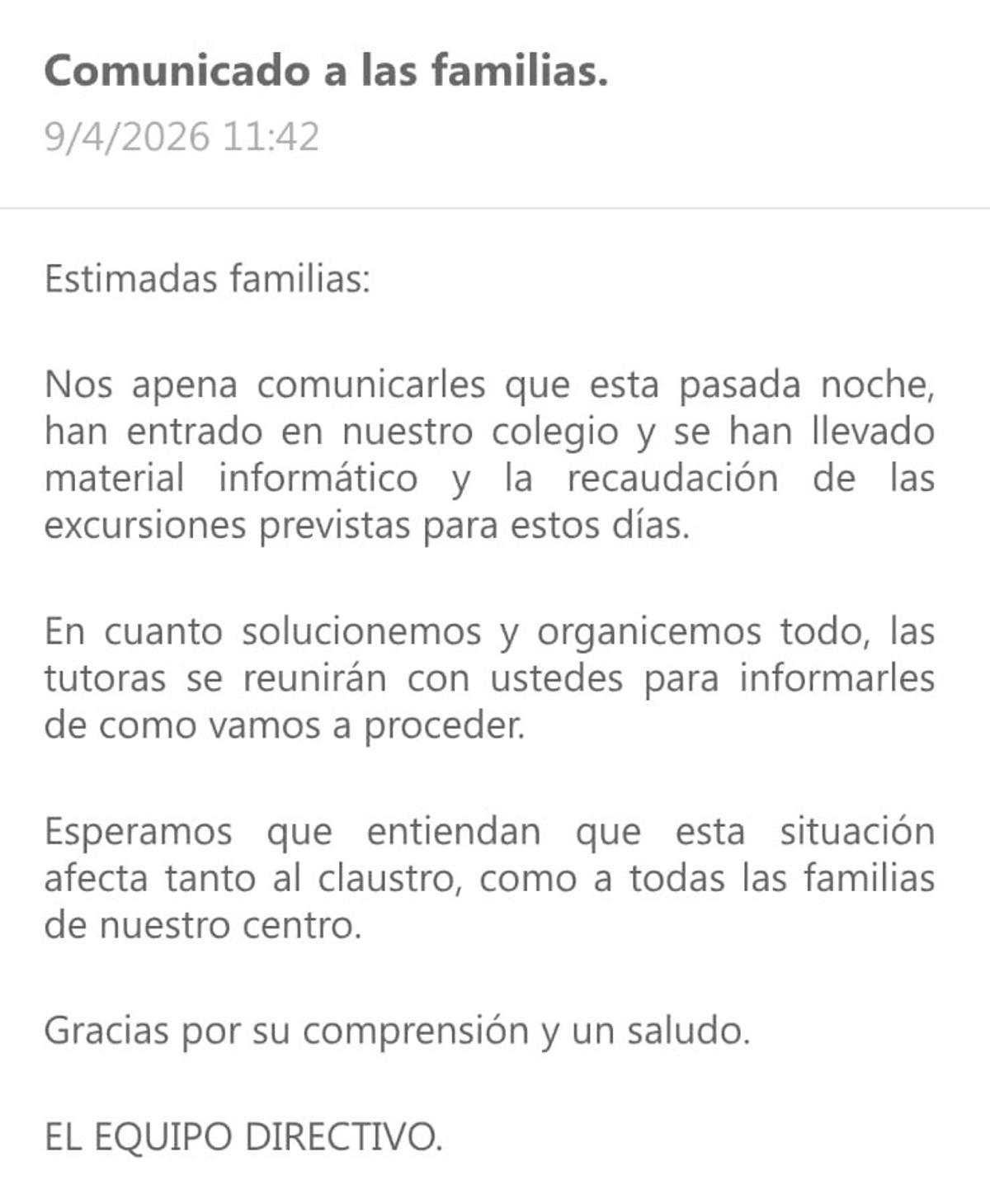 Mensaje enviado por Rayuela informando de lo sucedido a las familias.
