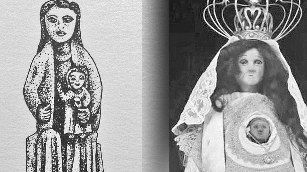 Apariencia original de la Virgen de Chamorro, del siglo XII, y su imagen actual.