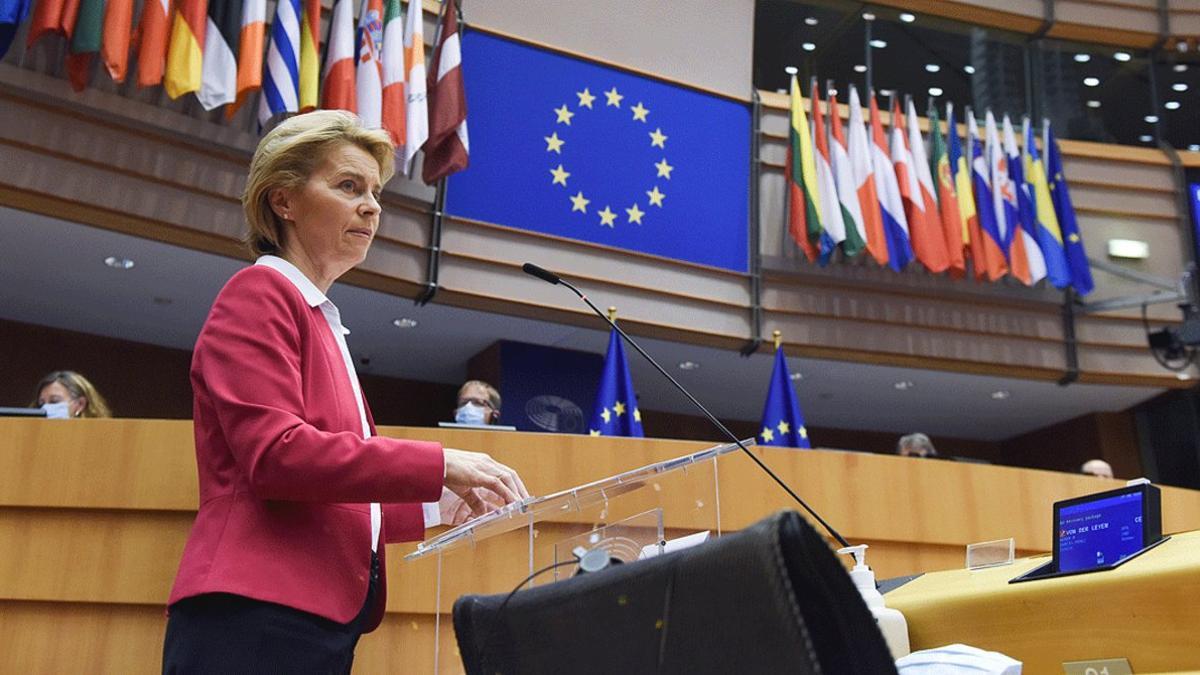 La presidenta de la Comisión Europea, Ursula von der Leyen, durante la presentación del plan de recuperación de la eurozona tras la crisis del coronavirus, este miércoles 27 de mayo