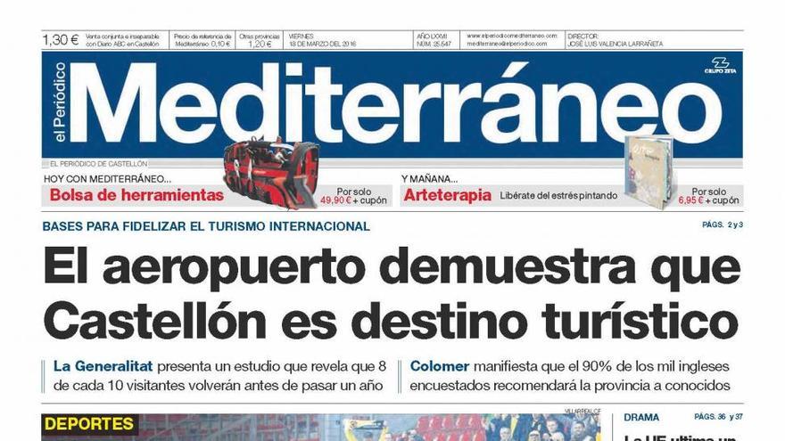 El aeropuerto demuestra que Castellón es destino turístico, hoy en la portada de El periódico Mediterráneo