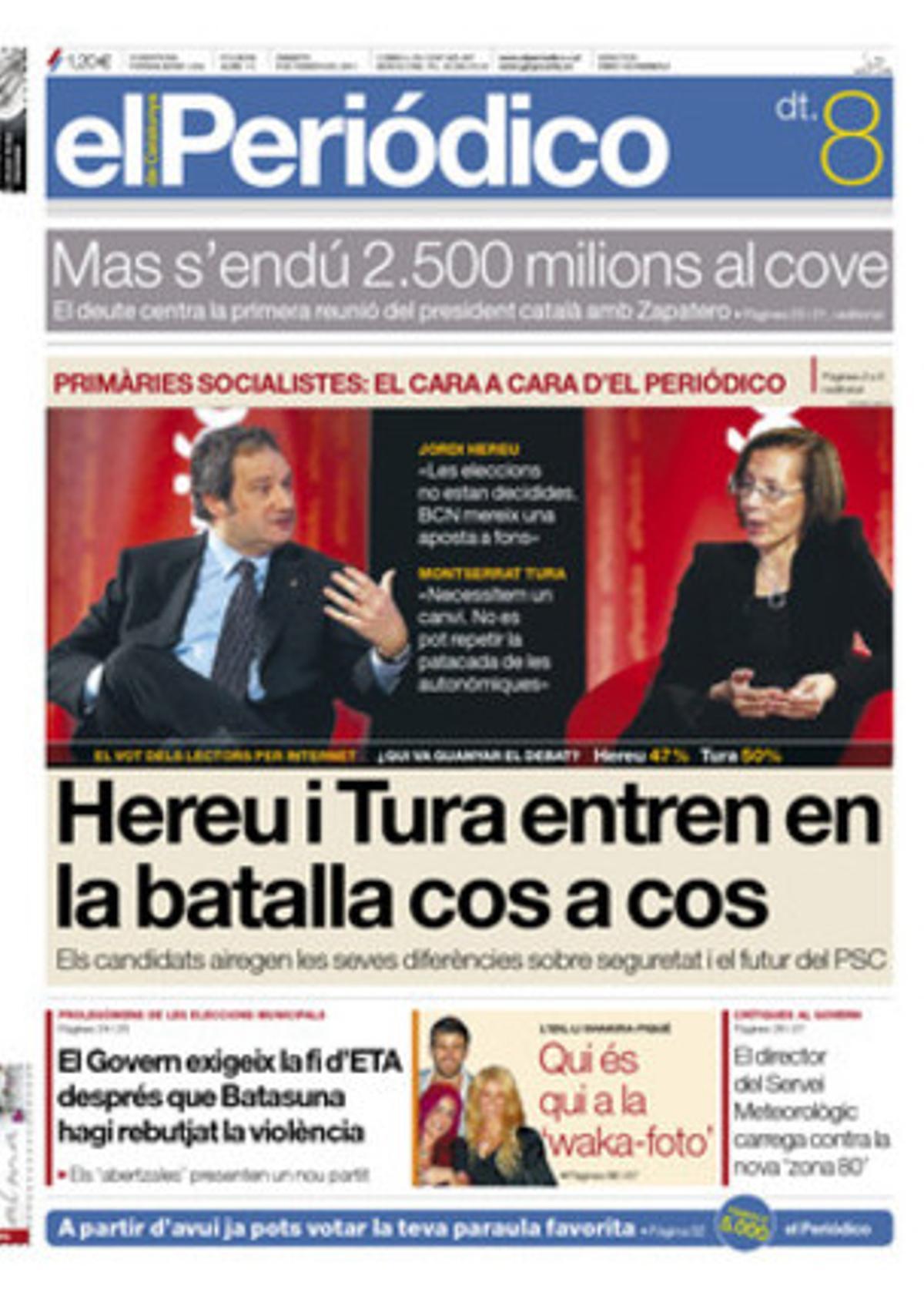 EL PERIODICO destaca a més que el Govern admet errors en la gestió dels 80 km/h; la bona acollida dels usuaris a la recepta amb el preu dels fàrmacs; que Xavier Trias accepta frenar la L-9 i donar prioritat al túnel de Vallvidrera; la comdena a set urbans de Badalona i un mosso per tortures, que Hisenda estrenyerà el control sobre l’economia submergida; que el PIB Catalunya va créixer per sota de la mitjana autonòmica espanyola en la ultima dècada, i que el mercat mundial de l’art supera la crisi i afronta el 2011 amb optimisme. El quadern mensual ’+Digital’ completa l’oferta. 