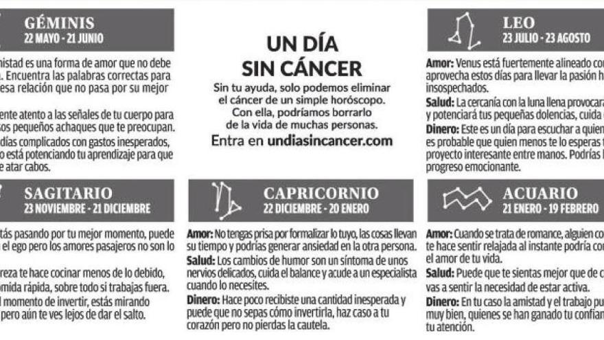 La AECC elimina el signo cáncer de los horóscopos