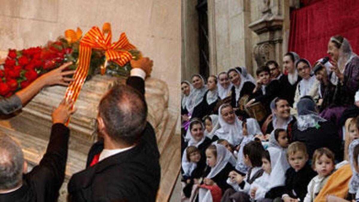 A la izquierda, ofrenda floral en la tumba de Jaume II el 12 de septiembre; a la derecha, representación de 'La Colcada' el 31 de diciembre.