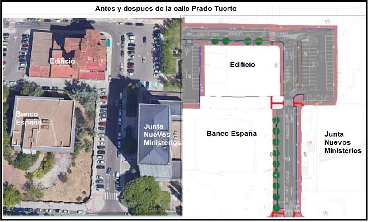 Estado de la zona frente al edificio de servicios de la Junta (Ministerios), el actual y el futuro