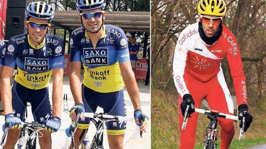 Contador y Benjamín Noval, a la izquierda, y a la derecha, Dani Navarro subiendo un puerto.