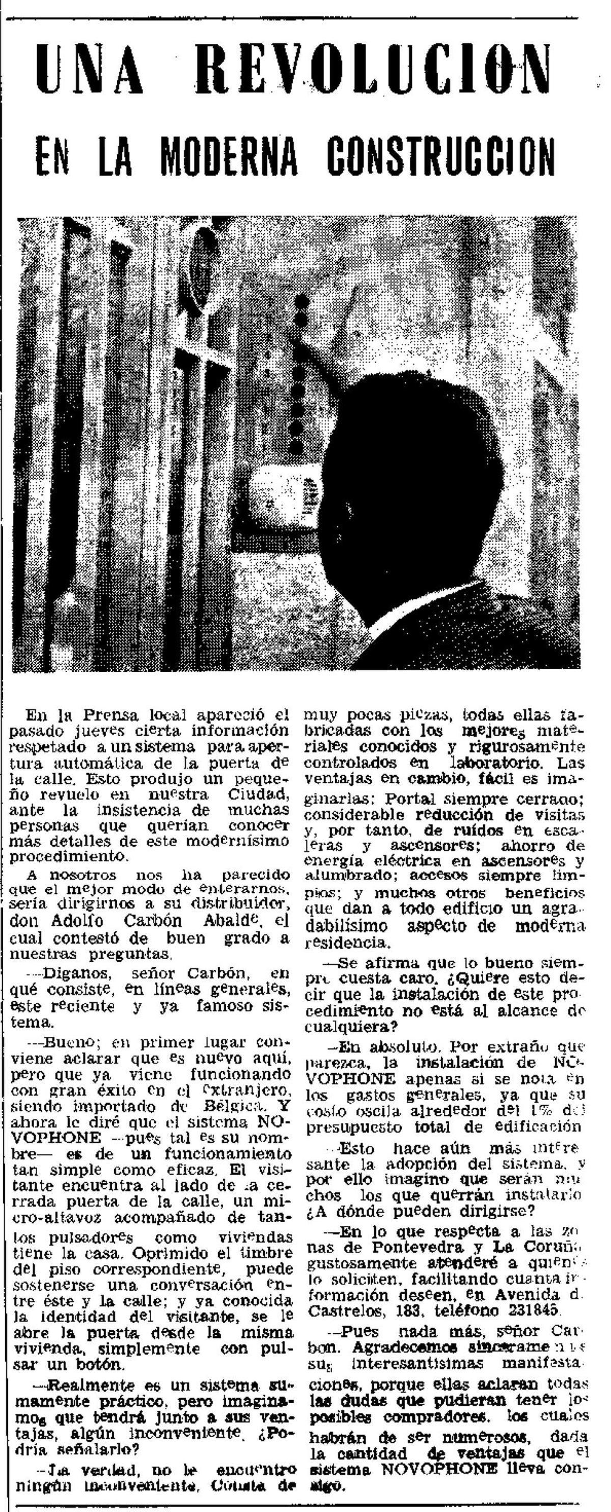 Entrevista en FARO a Adolfo Carbón debido a la novedad de los telefonillos que él distrbuía en Vigo publicada el 10 de octubre de 1965.