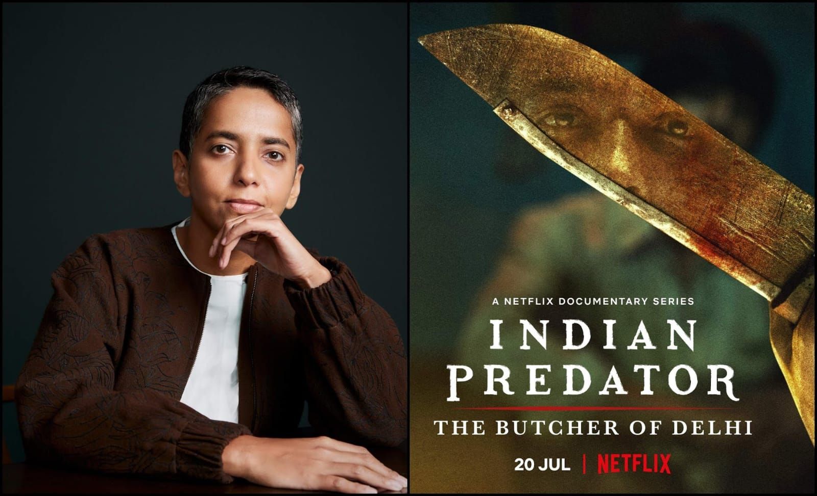 La directora india Ayesha Sood y el cartel de 'Indian Predator' de Netflix