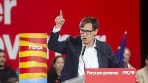 Salvador Illa durante el acto de campaña del PSOE con motivo de las próximas elecciones europeas.