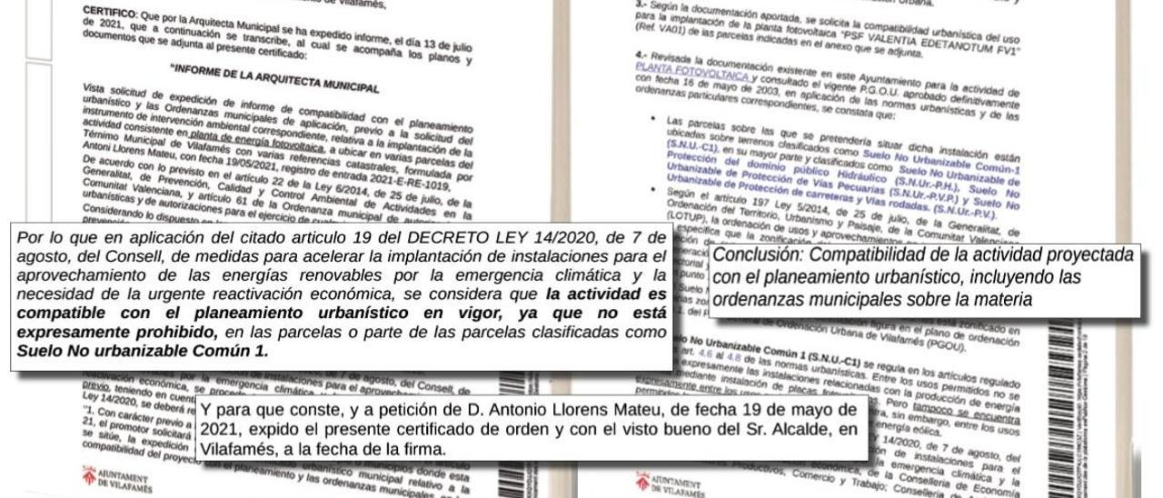 Documentos oficiales que acreditan que el Ayuntamiento firmó la compatibilidad urbanística al proyecto de EnerHi.