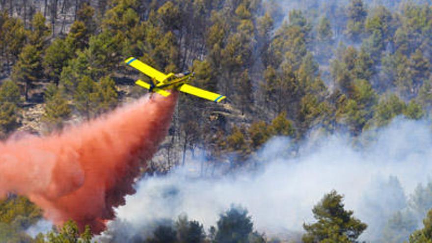 Una avioneta descargando en la zona afectada por el incendio.