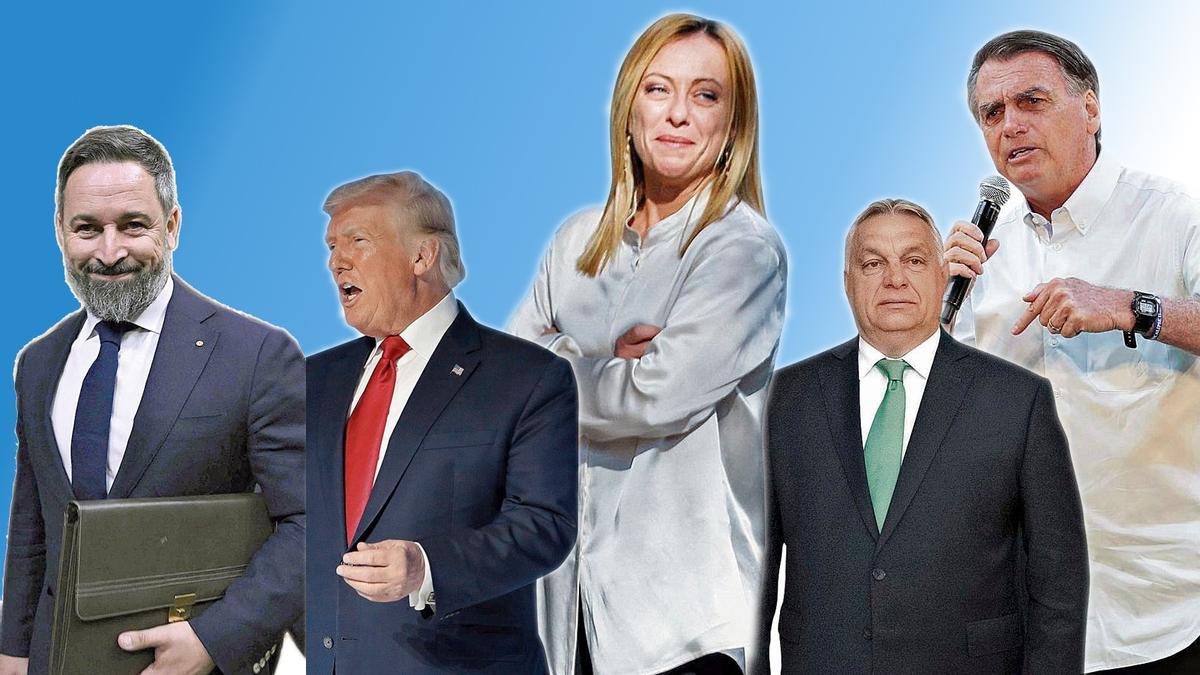 Rostros de la internacional reaccionaria: de derecha a izquierda, Abascal, Trump, Meloni, Orbán y Bolsonaro.