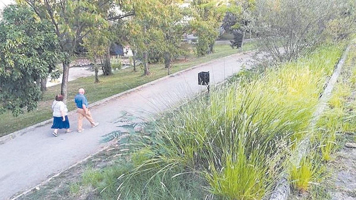 Dos personas pasean por el Parque de Cadenetas, uno de los espacios verdes más extensos de Coria.