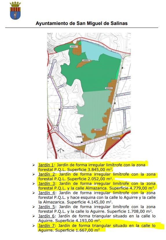 Documento del pliego de condiciones del contrato que está adjudicando ahora en el Ayuntamiento de zonificación de parques. En amarillo los que no existen sobre el terreno