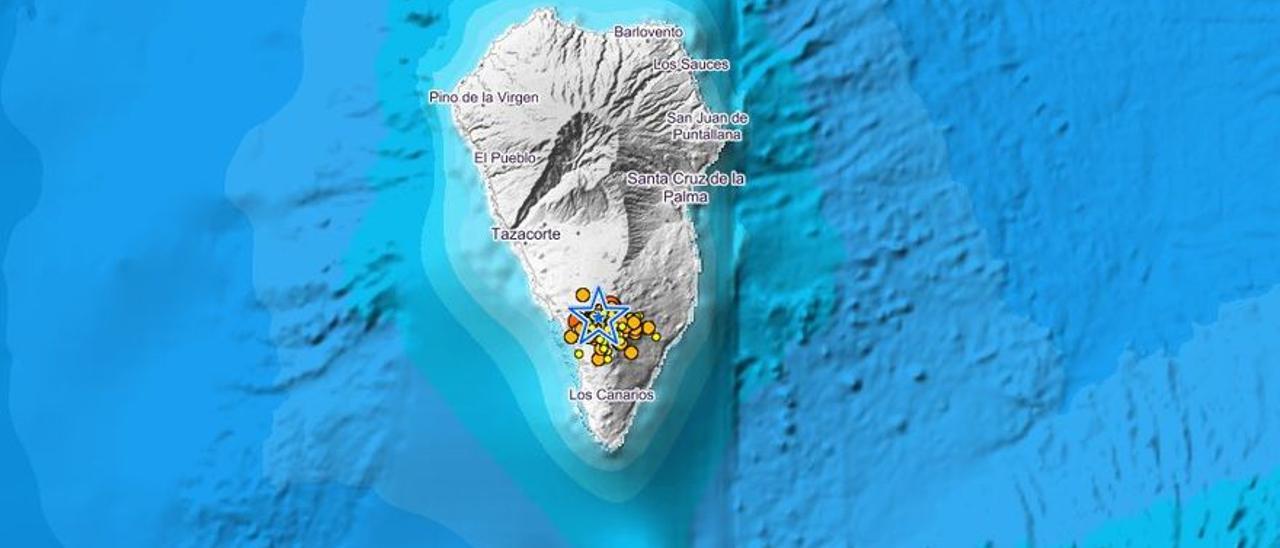 Mapa de La Palma en el que se muestra la localización de los seísmos.