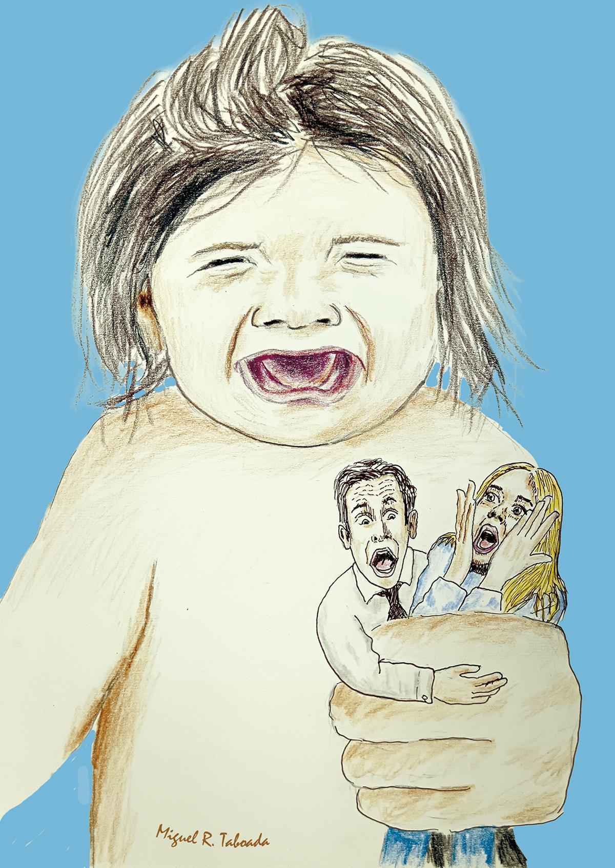 Dibujo que representa a un niño gigante llorando que atrapa con la mano a sus padres