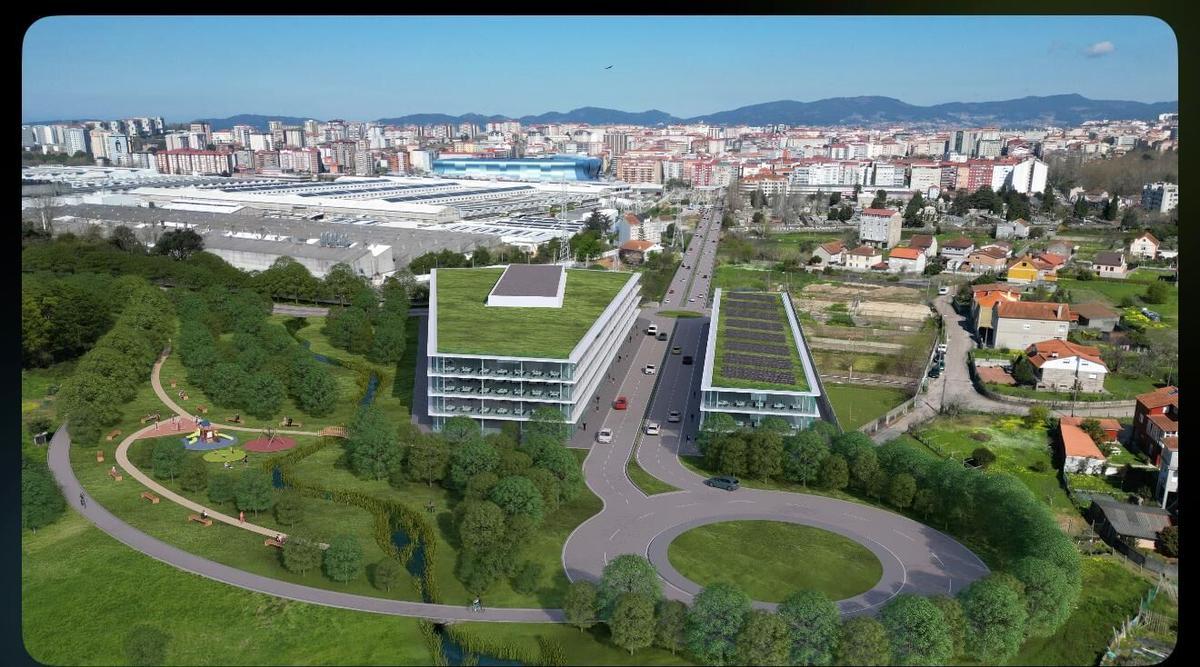 Infografía de la nueva zona verde y de los edificios de negocios que se proyectan en la ampliación de Balaídos.