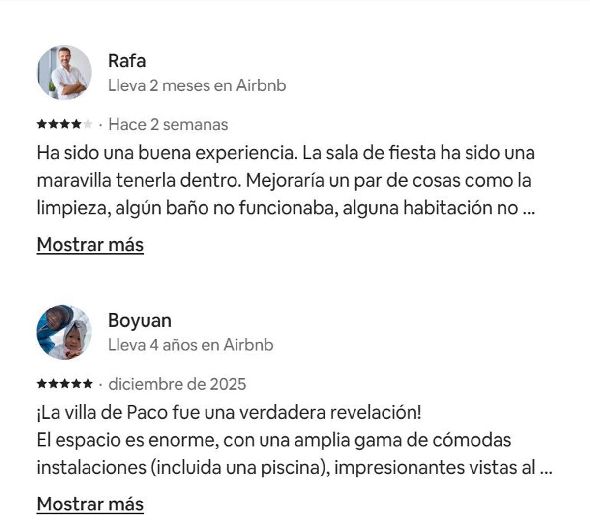 Reseñas recientes dejadas por clientes de Paco Garrido en una de las viviendas ilegales que oferta en Airbnb