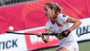 Cristina Guinea de España en acción durante el partido del Eurohockey 2019 de hockey hierba entre España y los Países Bajos en Amberes, Bélgica.