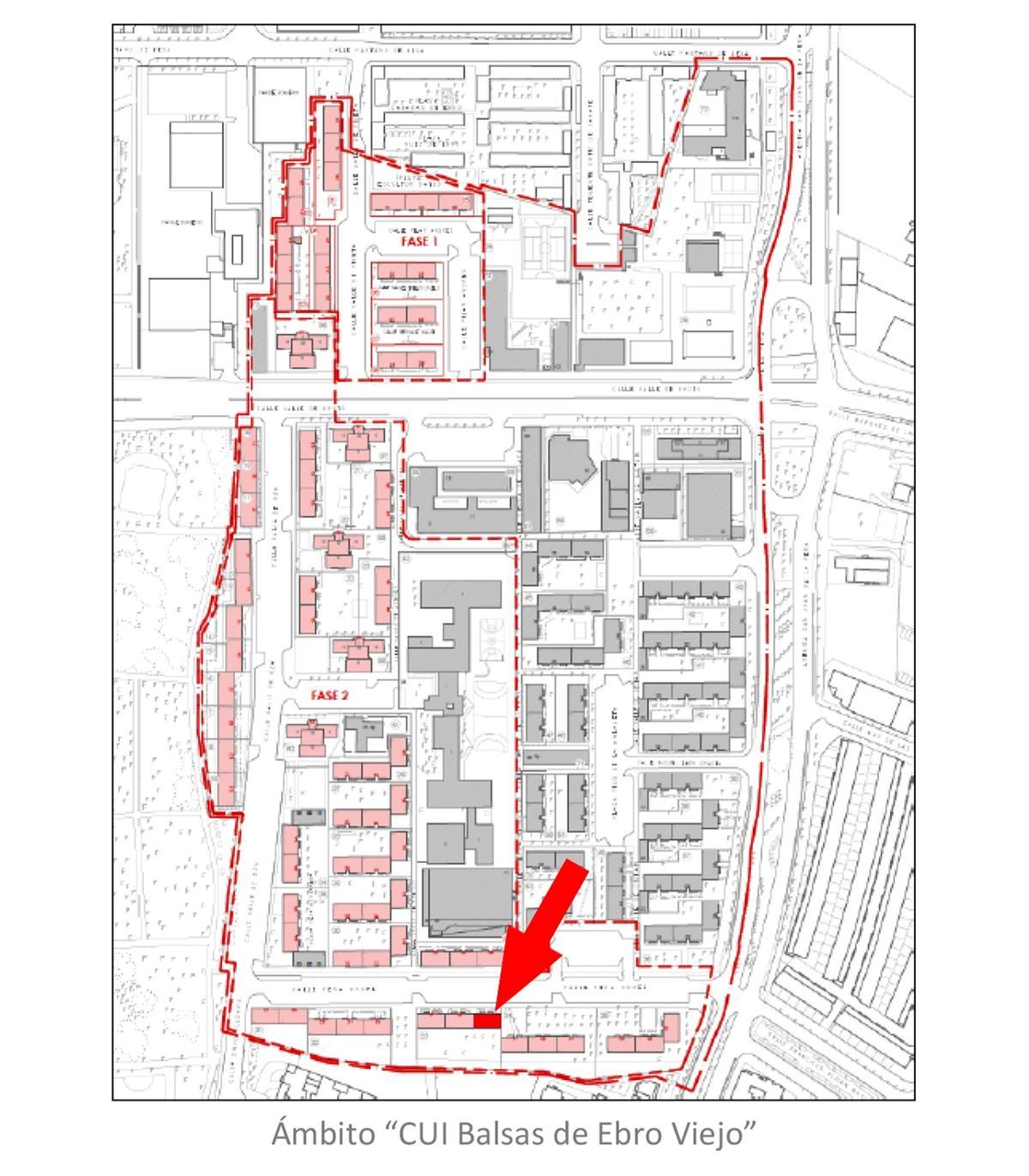 Plano de las viviendas que se rehabilitarán con cargo a los fondos europoes en Balsas Ebro Viejo.