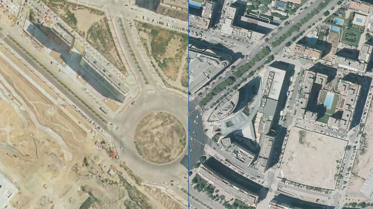 Comparativa 2000-2018: en la primera imagen: jardines de CAC y Corte Inglés sin construir. En 2018, la imagen es similar a la actual.