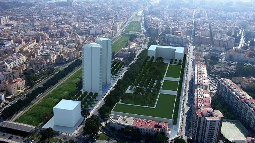 Ideas. Infografía con la nueva propuesta. Las torres se reducen de tres a dos, y se sitúan ahora junto al Guadalmedina, donde se celebra el rastrillo de los domingos.