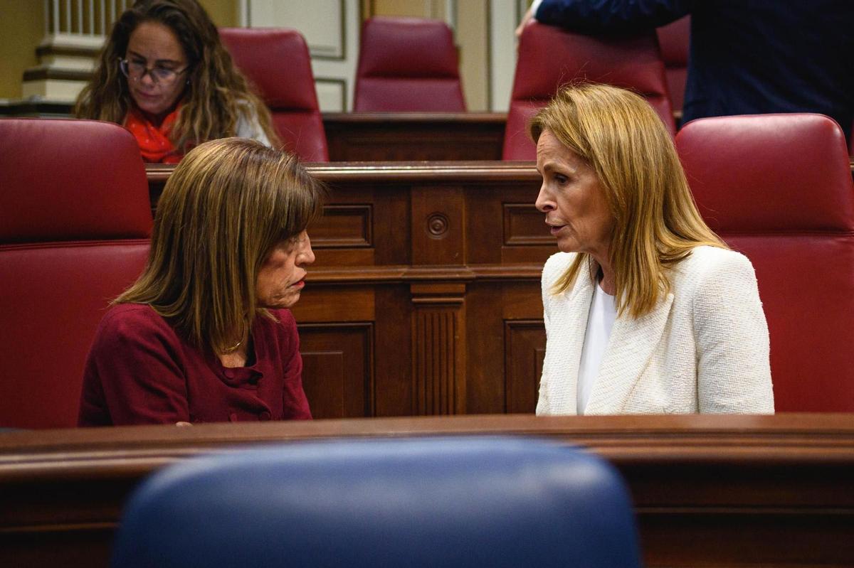Luz Reverón (d) charla con la 'canarista' Esther Gonzalez en los escaños del Parlamento. Arturo Jiménez
