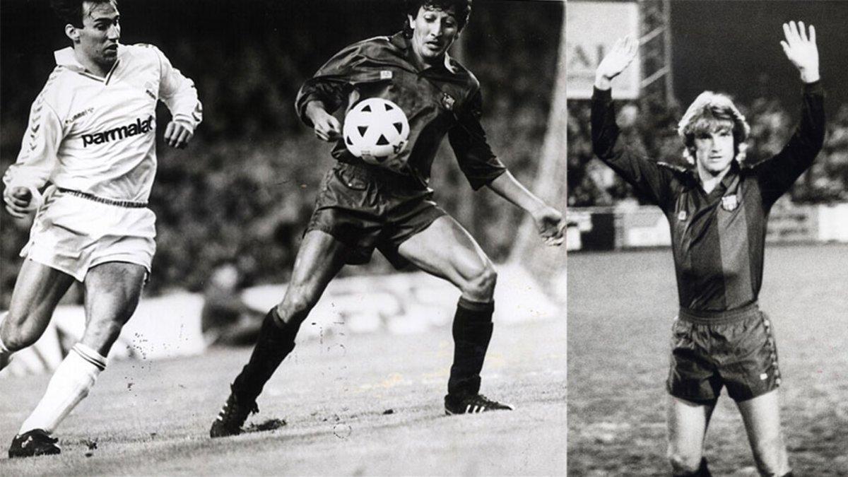 A la izquierda, Martín Vázquez y Romerito durante el Barça-Real Madrid de la Liga 1988-89. A la derecha, Cleo en su presentación como futbolista del FC Barcelona en 1982