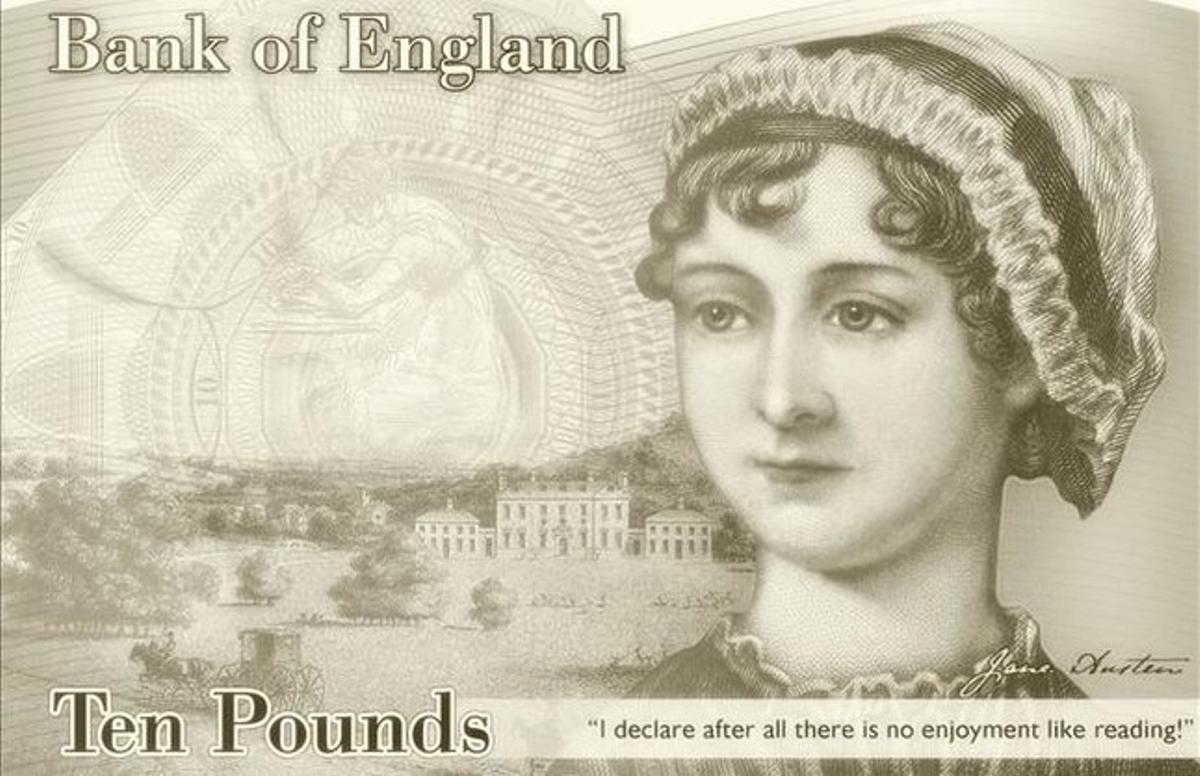 Bitllet de 10 lliures amb la cara de la novel·lista britànica Jane Austen. Bitllet de 10 lliures amb la cara de la novel·lista britànica Jane Austen.